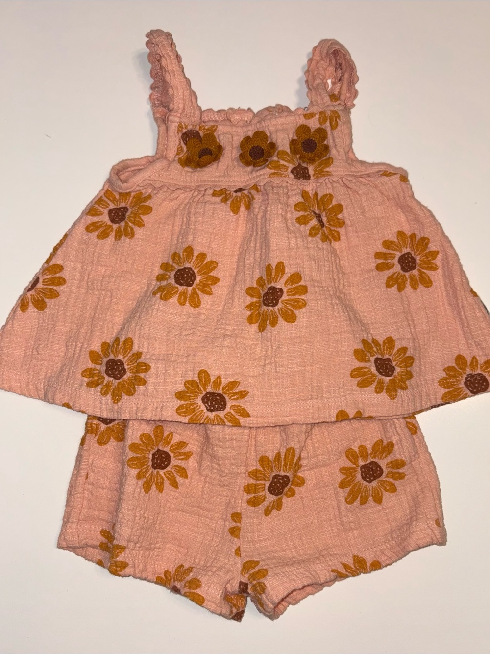 Rabbit + Bear Peach Sunflower Two-Piece Girls Tank and Shorts Set 2T